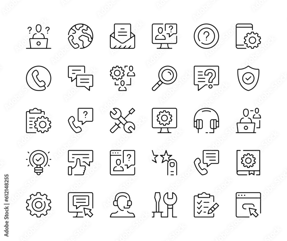Technical support icons. Vector line icons set. IT support, maintenance, call center concepts. Black outline stroke symbols Technical support icons. Vector line icons set. IT support, maintenance, call center concepts. Black outline stroke symbols