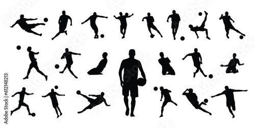 Collection of 21 football player icon vector illustrations. Consists of various kinds of actions such as kicking, dribbling, and so on. very good to use to fill in design related to football.