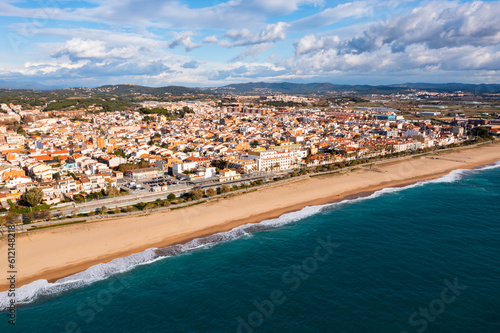 View from drone of Mediterranean seascape of Malgrat de Mar city, Catalonia, province of Barcelona © JackF