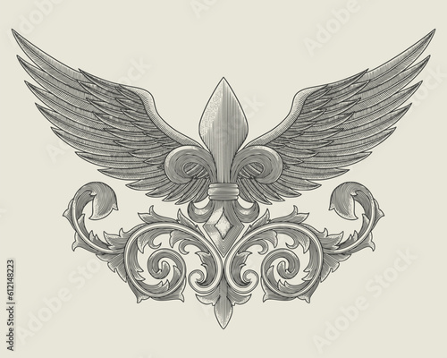 Fleur de lis with wings and ornament floral scroll, Vintage engraving style drawing illustration