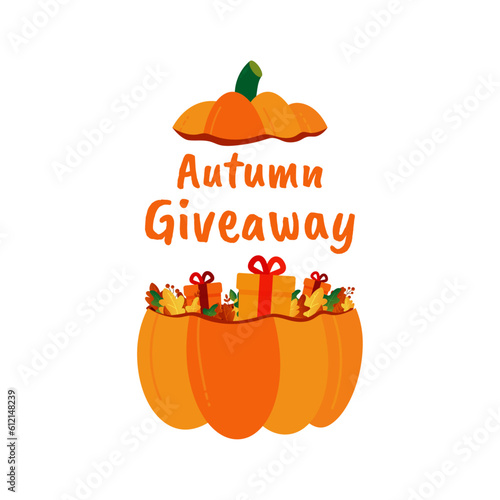 Autumn giveaway design with decorative pumpkins, acorns and colorful leaves on transparent background