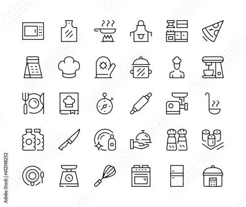 Cooking icons. Vector line icons set. Kitchen utensils, cook food, kitchenware, cooking app, restaurant concepts. Black outline stroke symbols