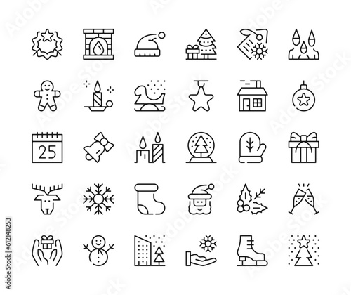 Christmas icons. Vector line icons set. Happy New Year, xmas, celebration, winter holidays concepts. Black outline stroke symbols