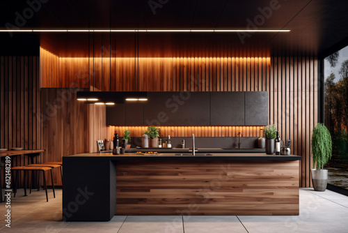 modern kitchen design with wooden cladding  © eranda