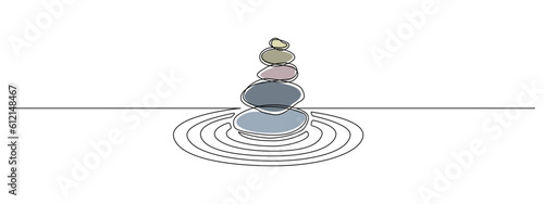 Natural Pebble Stone in one continuous line drawing. Balance and enjoying life concept in simple linear style. Spa wellness and massage salon in editable stroke. Doodle vector illustration