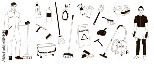 Cleaning service staff smiling characters on white background. House cleaners dressed in uniform and set elements about cleaning,  black and white vector illustration