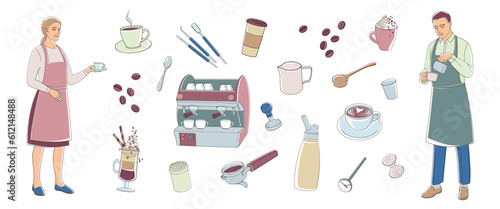 male and female barista making coffee and set equipment tools for barista and making coffee 