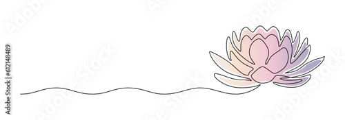 Lotus flower in one continuous line drawing. Yoga studio logo and wellness spa banner and business card in simple linear style. Water lily editable stroke. Doodle vector illustratio