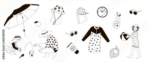 woman, boy and girl on the beach, set elements about protective measures against the solar radiation and UV ultraviolet on the beach for kids, black and white vector illustration