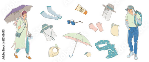 woman with umbrella  and man in a protective hat, set elements about protective measures against the solar radiation and UV ultraviolet in the city life