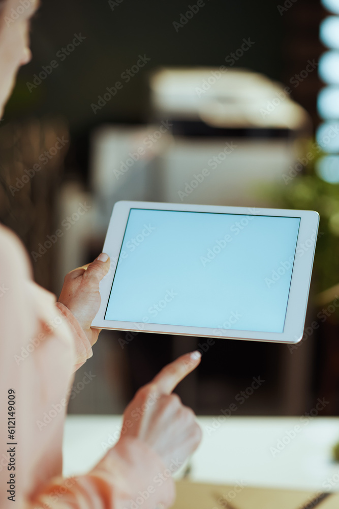 Closeup on modern woman with tablet PC blank screen
