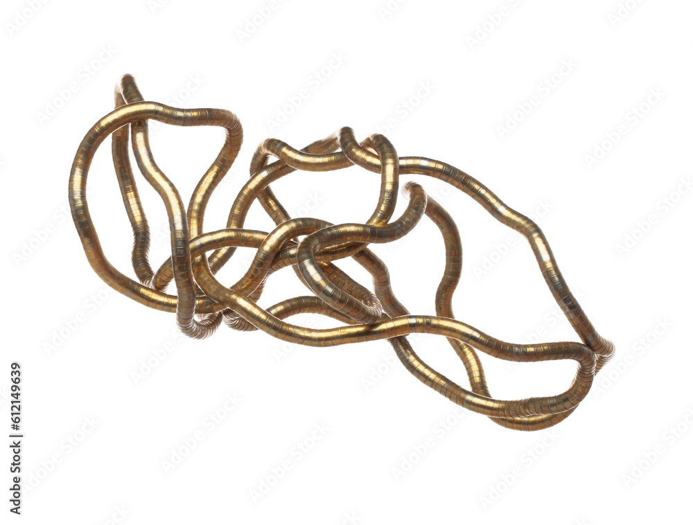 Fashion gold bangle bracelet with beautiful work detail is value. Luxury gold swirl metal bangle bracelet is fashion trend and fly in air. White background isolated