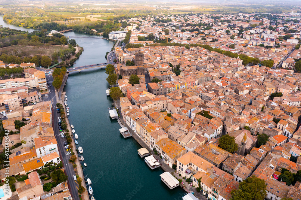 View from drone of houses of Agde, one of oldest towns in France