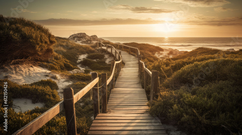 a wooden footbridge leading to the sea with a sunset on the horizon. Generative AI