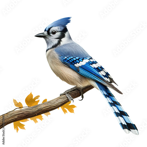 Fotografia, Obraz Blue and white Blue jay (Cyanocitta cristata) perched on a branch, isolated on t