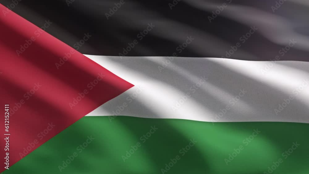 Waving the national flag of the Middle Eastern State of Palestine. Palestine national flag with black white green lines and a red triangle. National flag of Palestine fluttering in wind Waving the national flag of the Middle Eastern State of Palestine. Palestine national flag with black white green lines and a red triangle. National flag of Palestine fluttering in wind