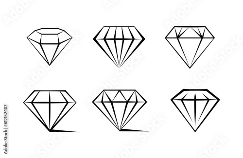 Vector set black diamond icon, jewelry precious stones collection outline, simple brilliant geometric web symbol. minimal icons gemstones symbols, hand drawing artwork 