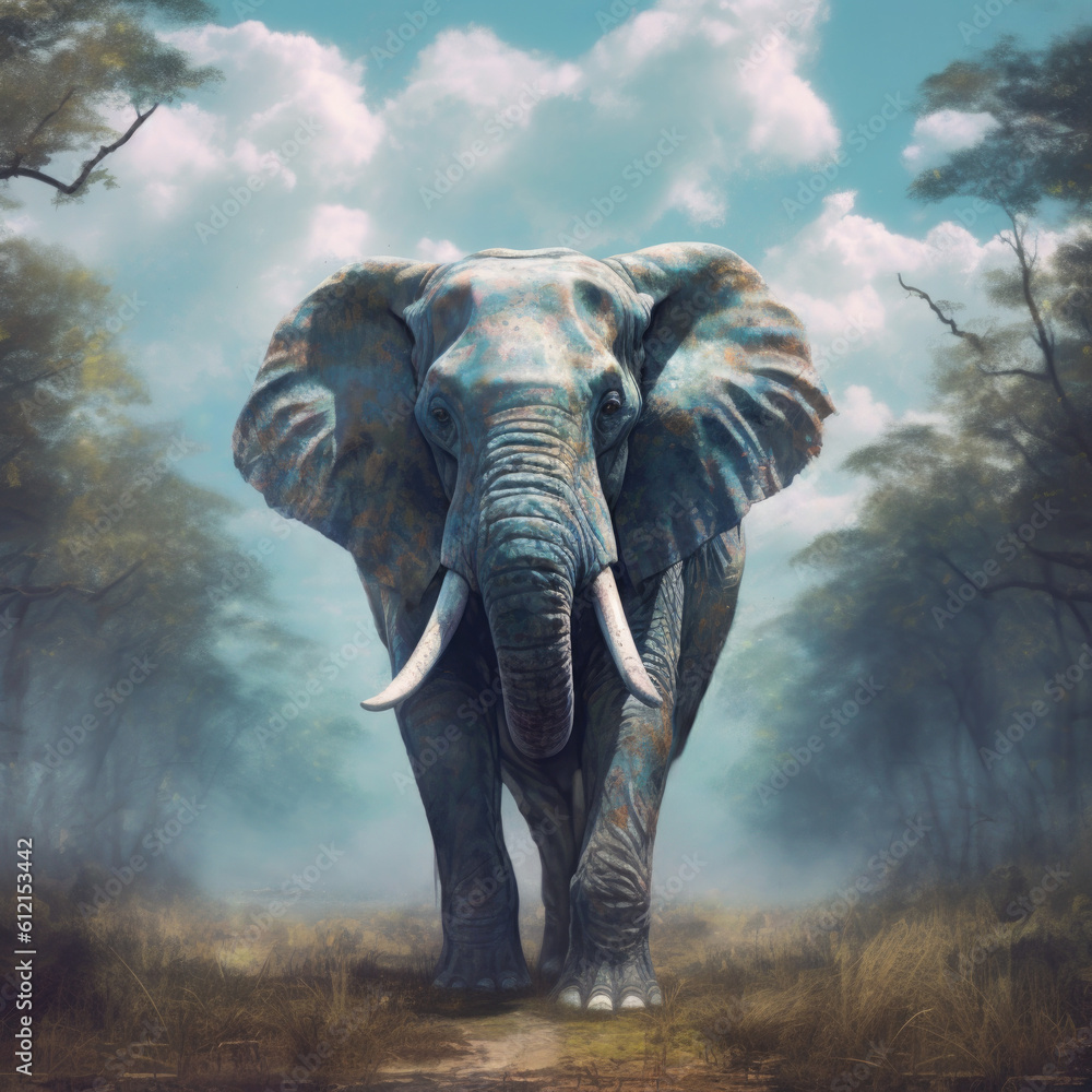 Fototapeta premium A painting of an Elephant walking through a forest - Generative AI