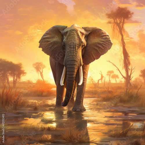 A painting of an Elephant standing in the water - Generative AI