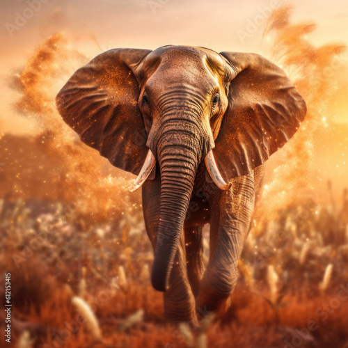 An Elephant walking through a field in a blurred background - Generative AI