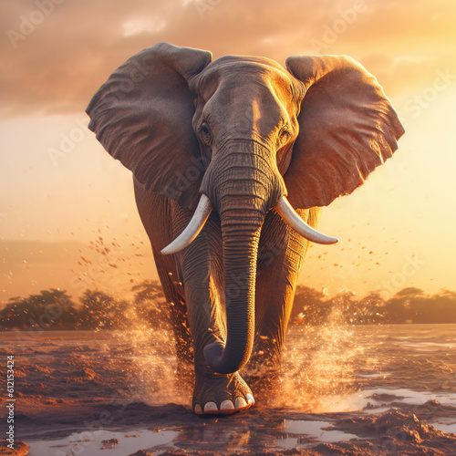 A large Elephant walking through a muddy field - Generative AI