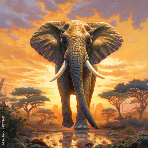 A painting of an Elephant standing in front of a sunset - Generative AI