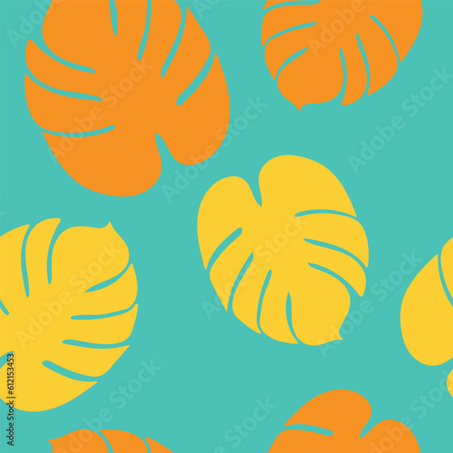 Tropical Summertime Orange and Yellow Palm Leaves on Blue Background Surface Design Textiles Seamless Repeat Pattern Design Eps 10 Vector