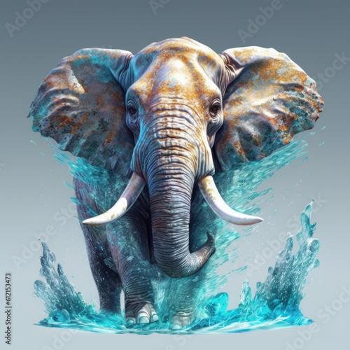 A painting of an Elephant in the middle of splashs of water - Generative AI