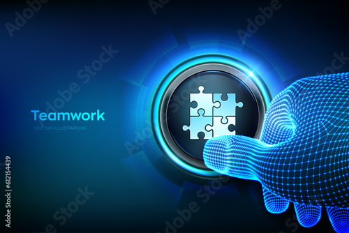 Teamwork button. Puzzle Team elements icon. Business Partnership concept. Global cooperation communication network. Closeup finger about to press a button with Teamwork sign. Vector illustration.