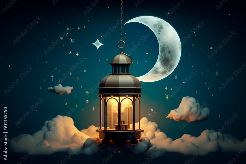 An Eid-al-Adha illustration with Star and crescent moon night and illuminated lantern with clouds around, Generative AI An Eid-al-Adha illustration with Star and crescent moon night and illuminated lantern with clouds around, Generative AI