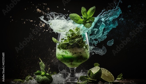 Close-up of a frothy Mojito suspended cocktail with lime ice and mint black background