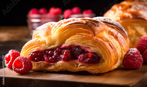 Croissant With Jam Flaky Delights. Viennoiserie Pastries with Fresh Raspberries and Fruit Filling for a French-Inspired Treat. Generative AI. 