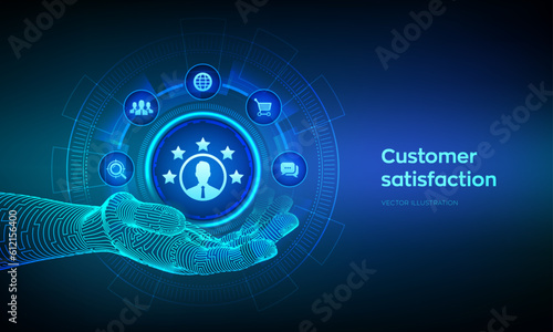 Customer satisfaction icon in robotic hand. Customer survey and feedback analytics concept on virutal screen. Using AI and automation technology in marketing for customer service. Vector illustration.