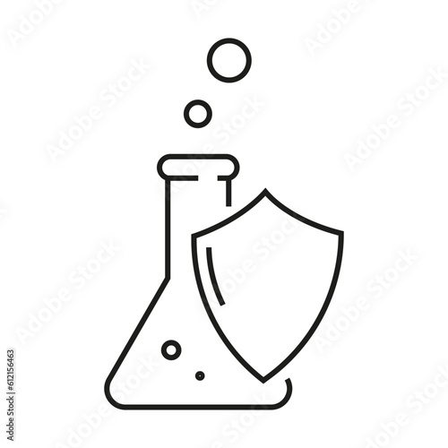 proof chemical resistant icon, flask with shield, protection against chemistry, toxic defense. Vector illustration. Stock image.