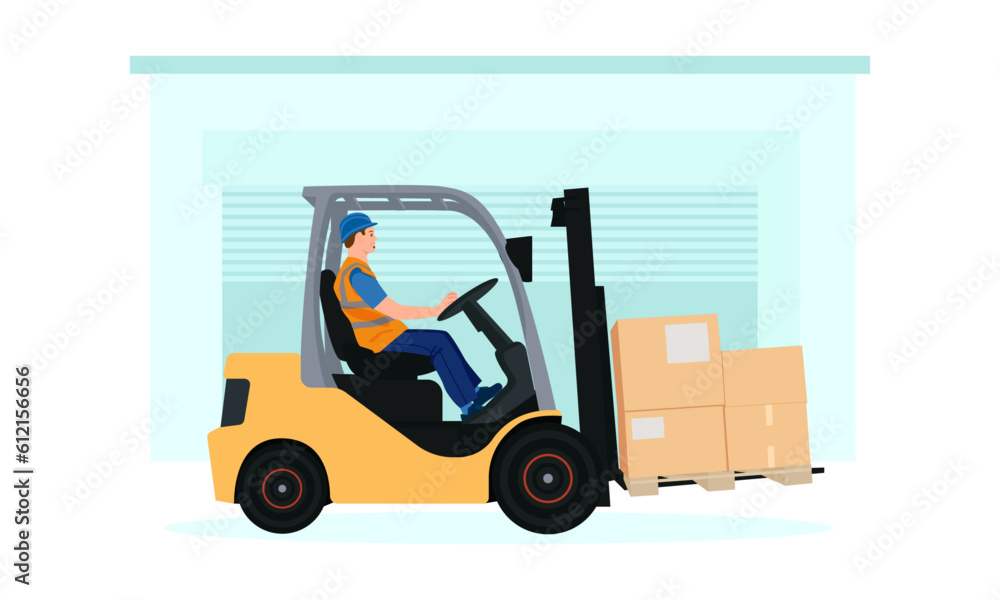 Forklift truck, forklift driver carrying boxes.