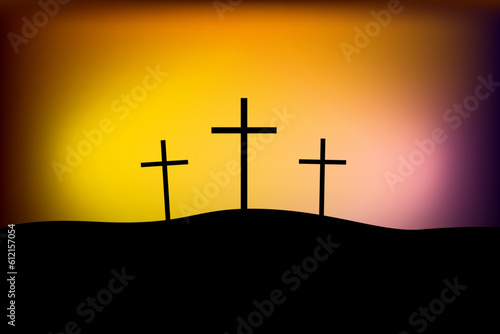 Mount Calvary Golgotha. Three crosses. Orange glow. Vector illustration. stock image.