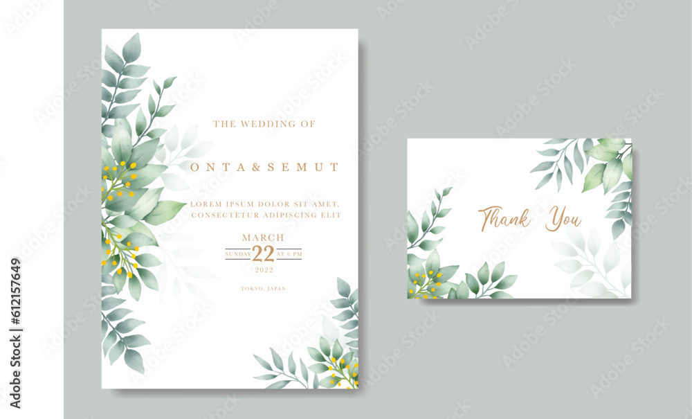 Greenery leaf watercoor wedding invitation card 