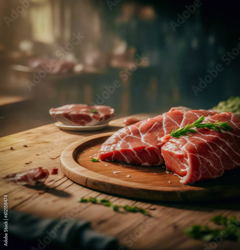 Raw meat on wooden table an illustration of Generative AI.