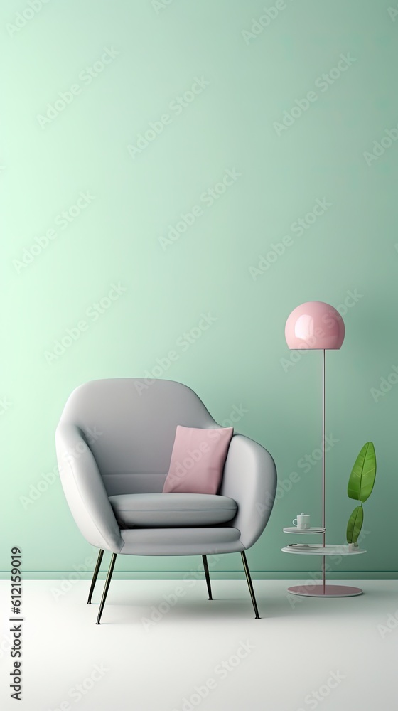 1244. minimalist Accent chair in front of light pastel wall. Generative Ai 1244. minimalist Accent chair in front of light pastel wall. Generative Ai