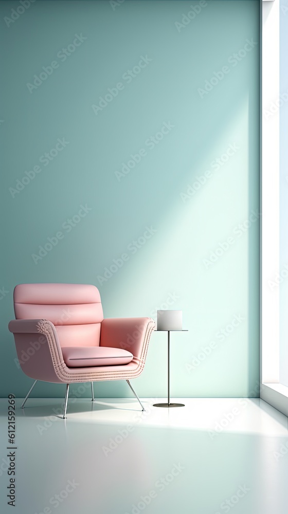 1302. minimalist Lounge chair in front of light color wall. Generative Ai 1302. minimalist Lounge chair in front of light color wall. Generative Ai