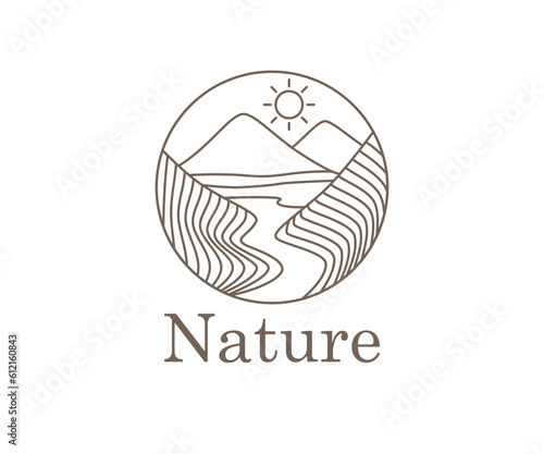 Nature landscape, lake and mountain farm logo template.