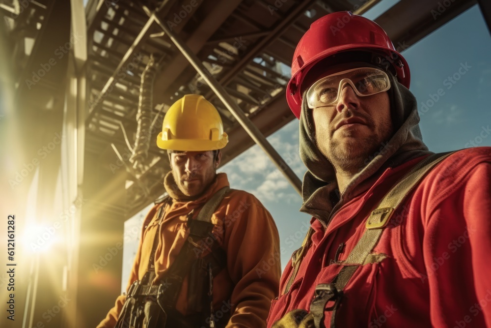Φωτογραφία portrait photograph of power electrician Two people working at height wearing safety gear from a high voltage pylon