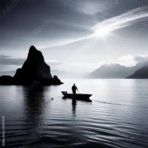 A person surfing and a fisherman with his boat on the high seas background, with waves and calm water in the middle of the sea and the beach, great to use for backgrounds. Concept Ai intelligence