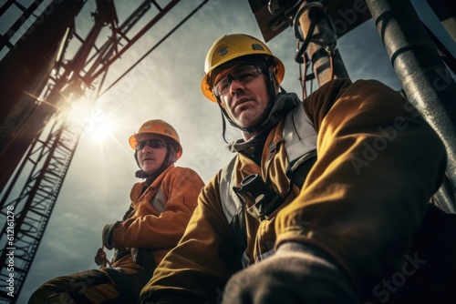 portrait photograph of power electrician Two people working at height wearing safety gear from a high voltage pylon.Generated with AI