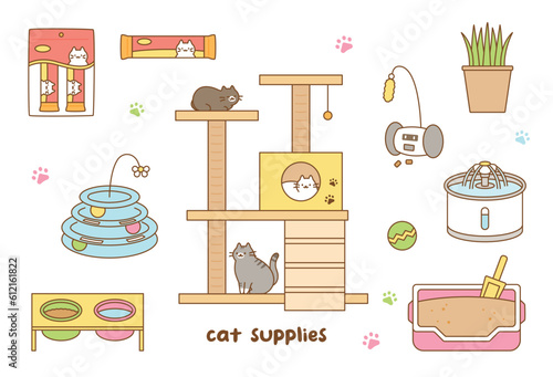 A collection of toys and household items for cats. cute outline style illustration.