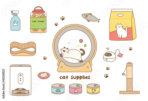 A collection of toys and household items for cats. cute outline style illustration.