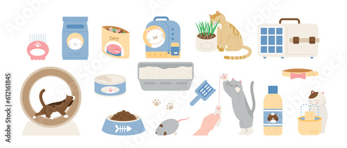 A collection of toys and household items for cats.