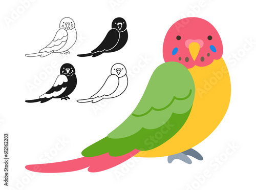 Parrot tropical bright childish cartoon set. Exotic budgerigar parrots sitting drawing outline sign or engraved summer collection. Wildlife jungle Hawaiian cute wild bird, funny vivid character vector