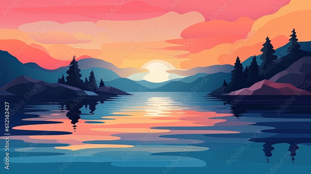 Nature Minimalist Abstraction of A Simple, Flat Design Background featuring Art, Sky, Landscape, Light, Water, and the Beauty of Abstraction. Created with Generative AI.