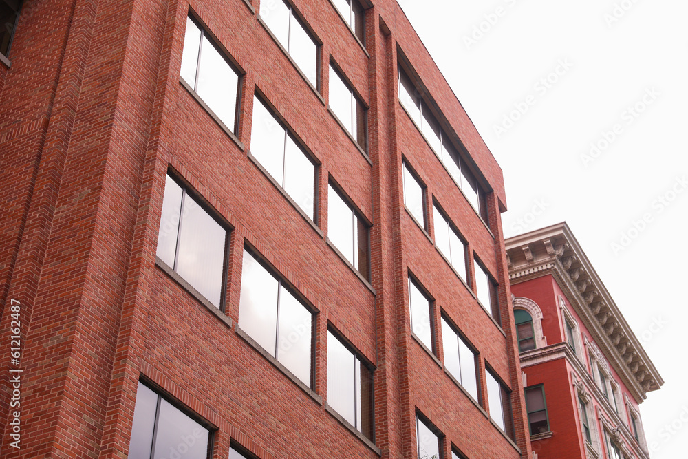 Brick buildings with windows symbolize strength, stability, and urban progress, capturing the essence of business and industry